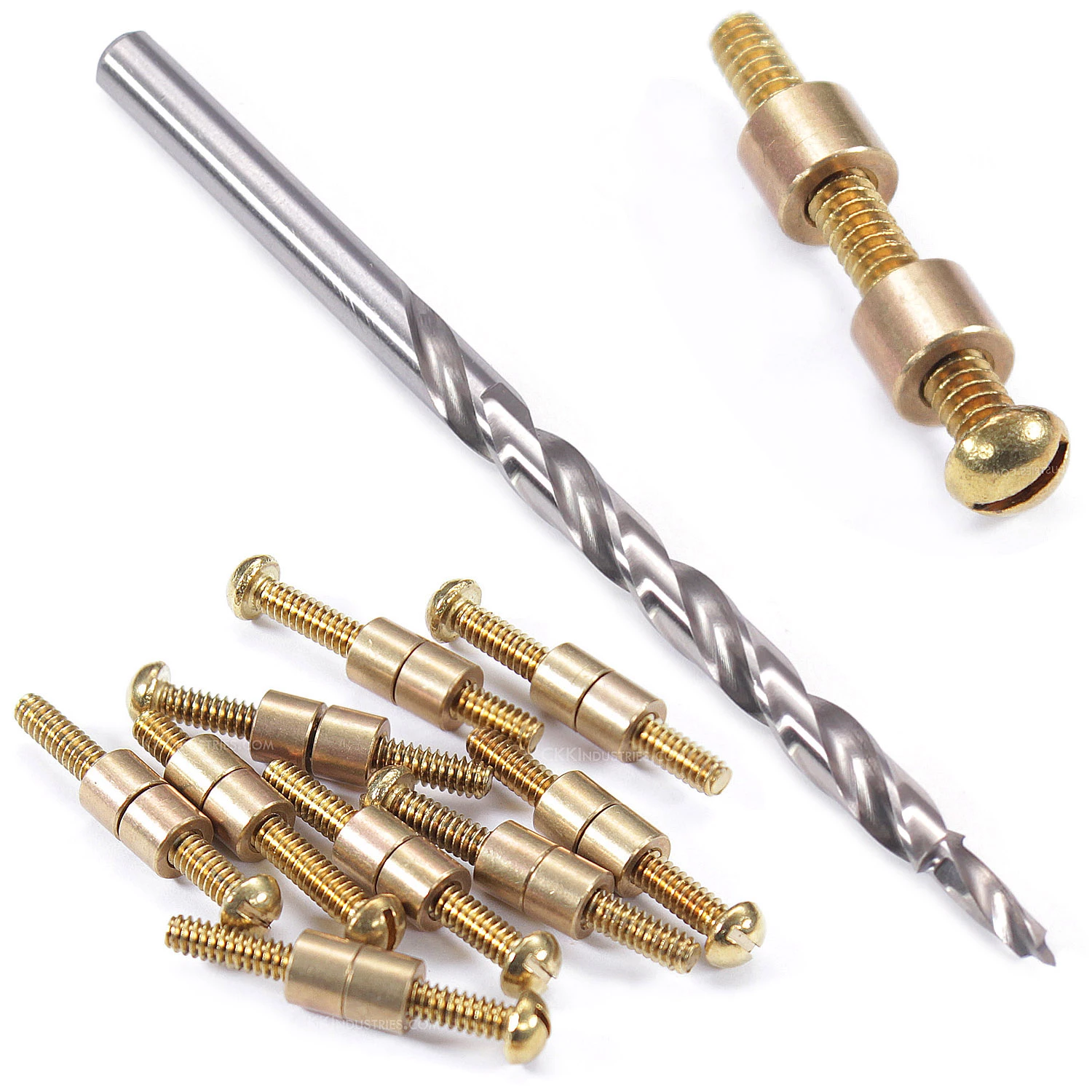 Loveless-Style Fasteners With Step Drill Combo Kit - (.250HD X 6-32US X 1.15L) - Brass/Brass 3 Loveless-Style Fasteners With Step Drill Combo Kit - (.250HD X 6-32US X 1.15L) - Brass/Brass