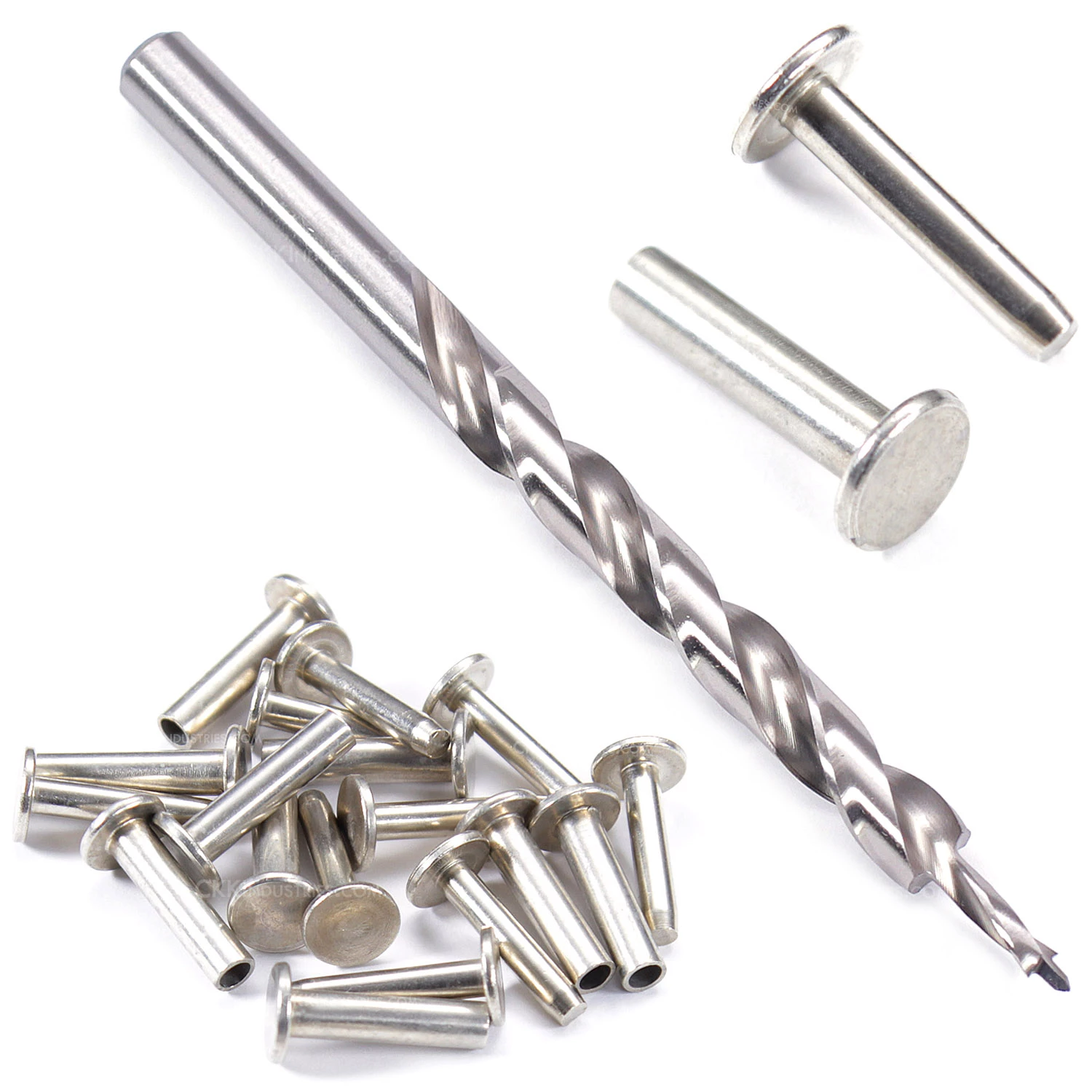 Cutlery Rivets With Step Drill Combo Kit - (.312HD X .155 SD X .750 OAL) - (Nickel Silver) 3 Cutlery Rivets With Step Drill Combo Kit - (.312HD X .155 SD X .750 OAL) - (Nickel Silver)
